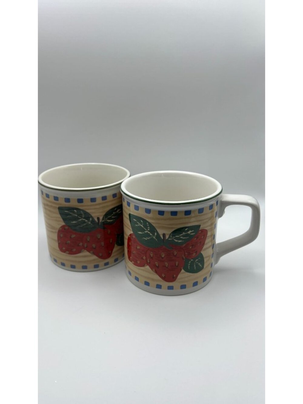 Strawberry Print Tienshan Stoneware Mug Set Of 2 - Dishwasher & Microwave Safe -